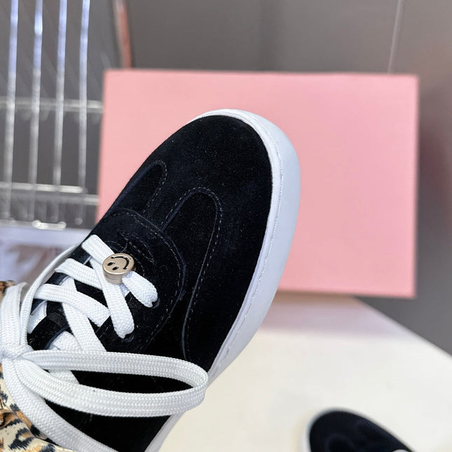 MIUMIU 25S SNEAKERS IN BLACK SUEDE WITH LEOPARD-PRINT LACES