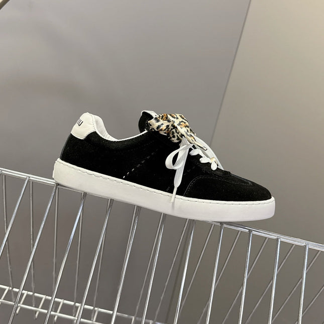 MIUMIU 25S SNEAKERS IN BLACK SUEDE WITH LEOPARD-PRINT LACES