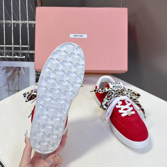 MIUMIU 25S SNEAKERS IN DARK RED SUEDE WITH LEOPARD-PRINT LACES