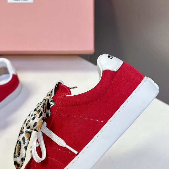 MIUMIU 25S SNEAKERS IN DARK RED SUEDE WITH LEOPARD-PRINT LACES