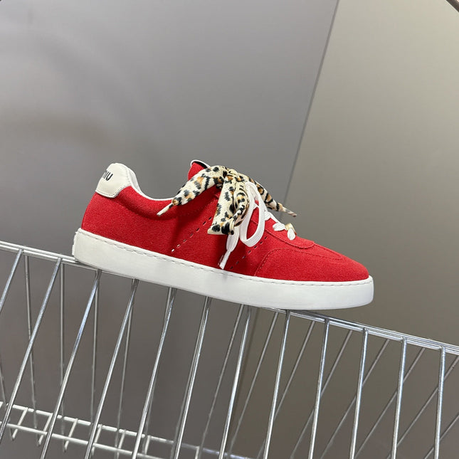 MIUMIU 25S SNEAKERS IN DARK RED SUEDE WITH LEOPARD-PRINT LACES