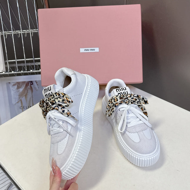 MIUMIU 25S SNEAKERS 45NN IN WHITE SUEDE WITH LEOPARD-PRINT LACES