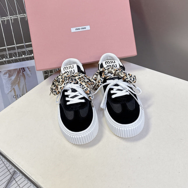 MIUMIU 25S SNEAKERS 45MM IN BLACK SUEDE WITH LEOPARD-PRINT LACES