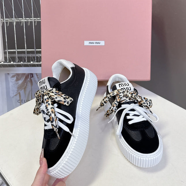 MIUMIU 25S SNEAKERS 45MM IN BLACK SUEDE WITH LEOPARD-PRINT LACES