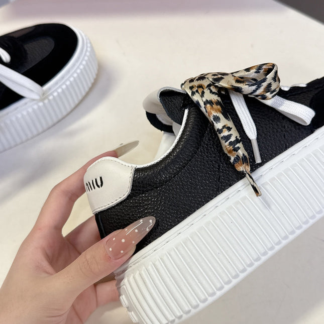 MIUMIU 25S SNEAKERS 45MM IN BLACK SUEDE WITH LEOPARD-PRINT LACES