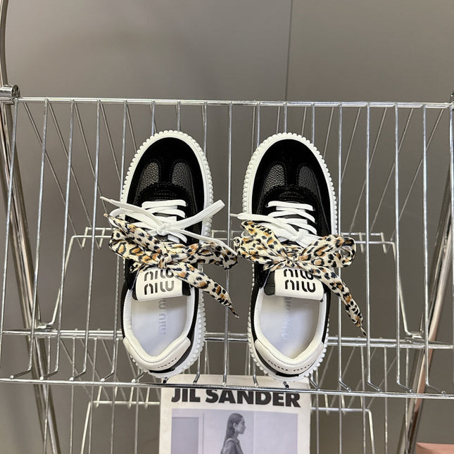 MIUMIU 25S SNEAKERS 45MM IN BLACK SUEDE WITH LEOPARD-PRINT LACES