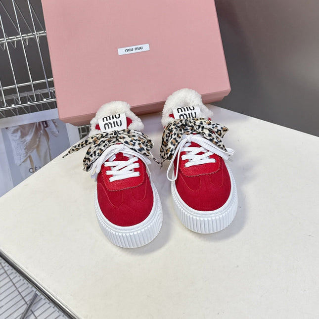 MIUMIU 25S SNEAKERS 45MM IN DARK RED SUEDE WITH LEOPARD-PRINT LACES SHEARLING