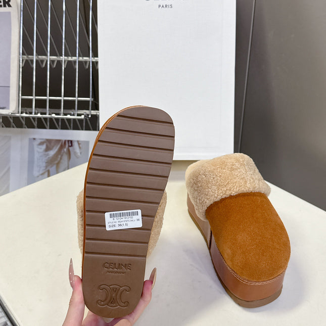 CELINE 26S WEDGE MULES IN ORANGE BROWN SUEDE AND BEIGE WOOL