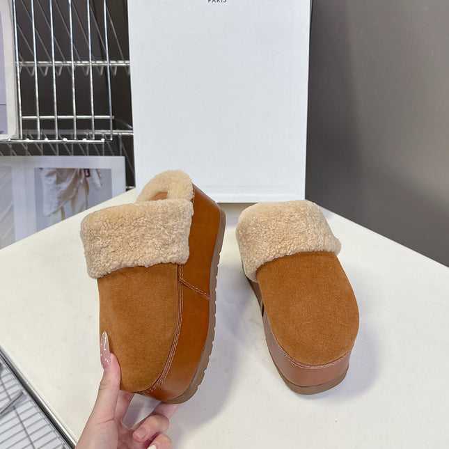 CELINE 26S WEDGE MULES IN ORANGE BROWN SUEDE AND BEIGE WOOL