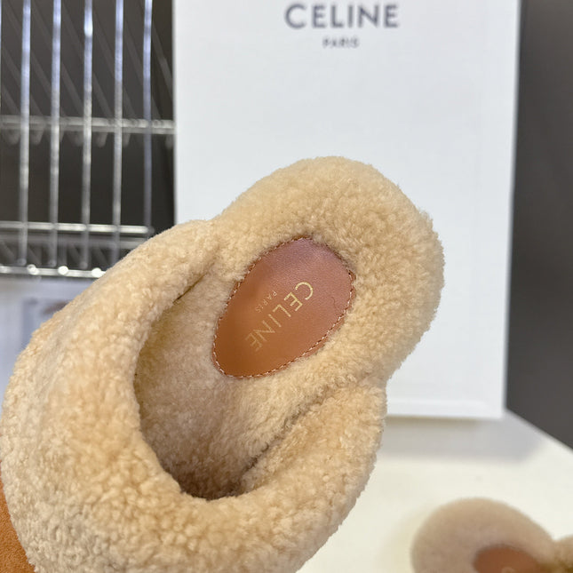 CELINE 26S WEDGE MULES IN ORANGE BROWN SUEDE AND BEIGE WOOL