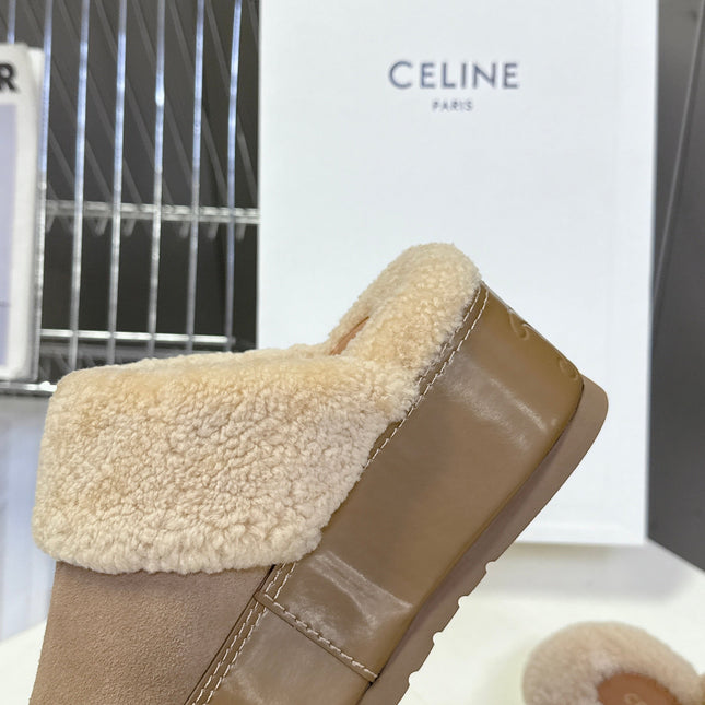 CELINE 26S WEDGE MULES IN SAND BEIGE SUEDE AND WOOL