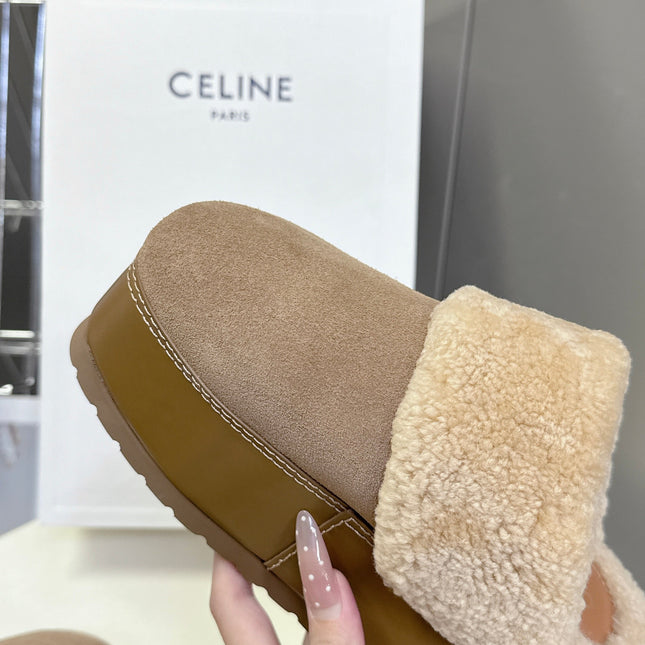 CELINE 26S WEDGE MULES IN SAND BEIGE SUEDE AND WOOL