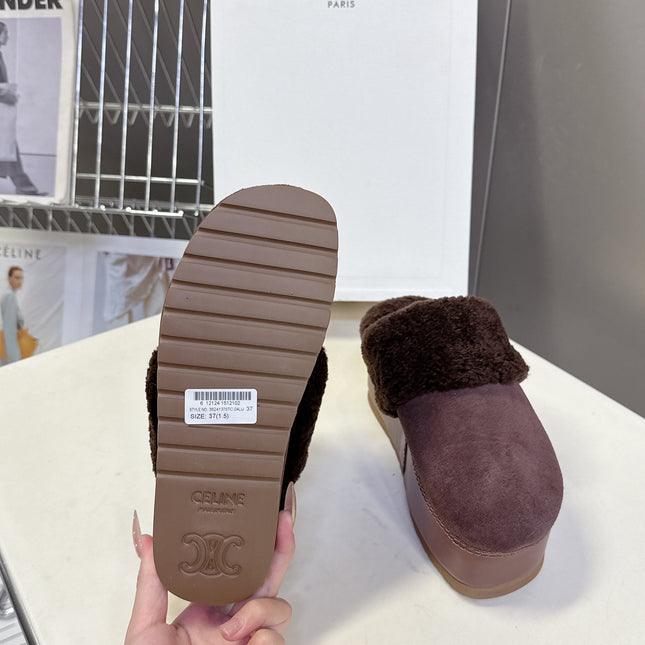 CELINE 26S WEDGE MULES IN PLUM BROWN SUEDE AND WOOL