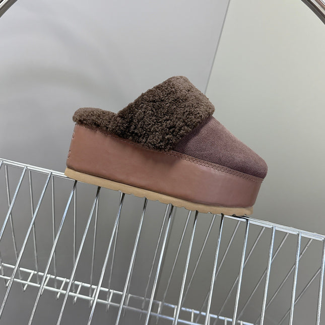 CELINE 26S WEDGE MULES IN PLUM BROWN SUEDE AND WOOL