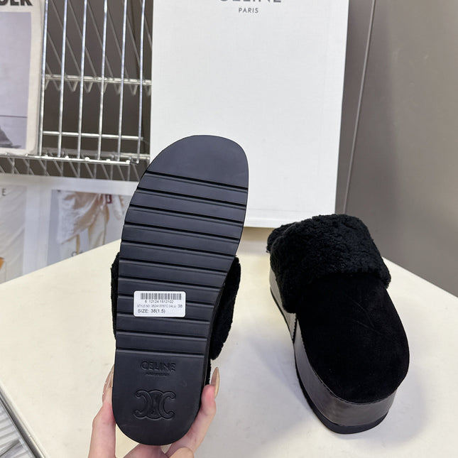CELINE 26S WEDGE MULES IN BLACK SUEDE AND WOOL