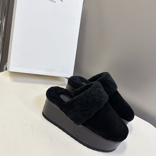 CELINE 26S WEDGE MULES IN BLACK SUEDE AND WOOL