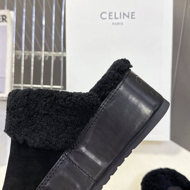 CELINE 26S WEDGE MULES IN BLACK SUEDE AND WOOL