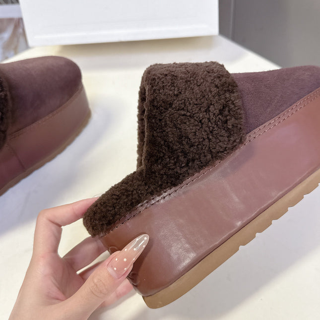 CELINE 26S WEDGE MULES IN PLUM BROWN SUEDE AND WOOL