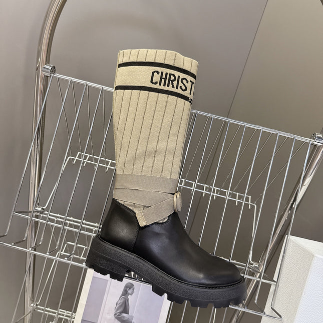 DIOR 25S D-MAJOR ANKLE BOOTS IN BLACK CALFSKIN AND BEIGE FABRIC