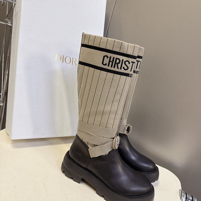 DIOR 25S D-MAJOR ANKLE BOOTS IN BLACK CALFSKIN AND BEIGE FABRIC