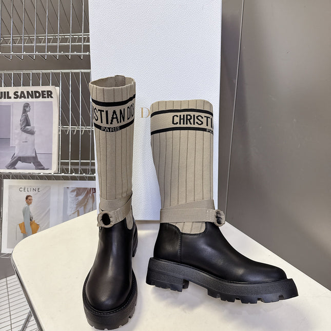 DIOR 25S D-MAJOR ANKLE BOOTS IN BLACK CALFSKIN AND BEIGE FABRIC