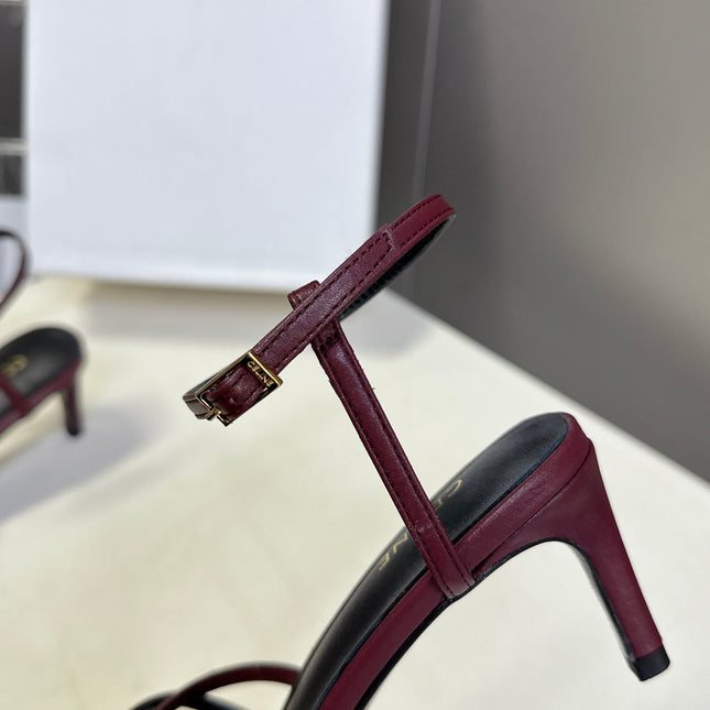 CELINE 26S HIGH-HEEL SANDALS 60 MM IN DARK RED CALFSKIN