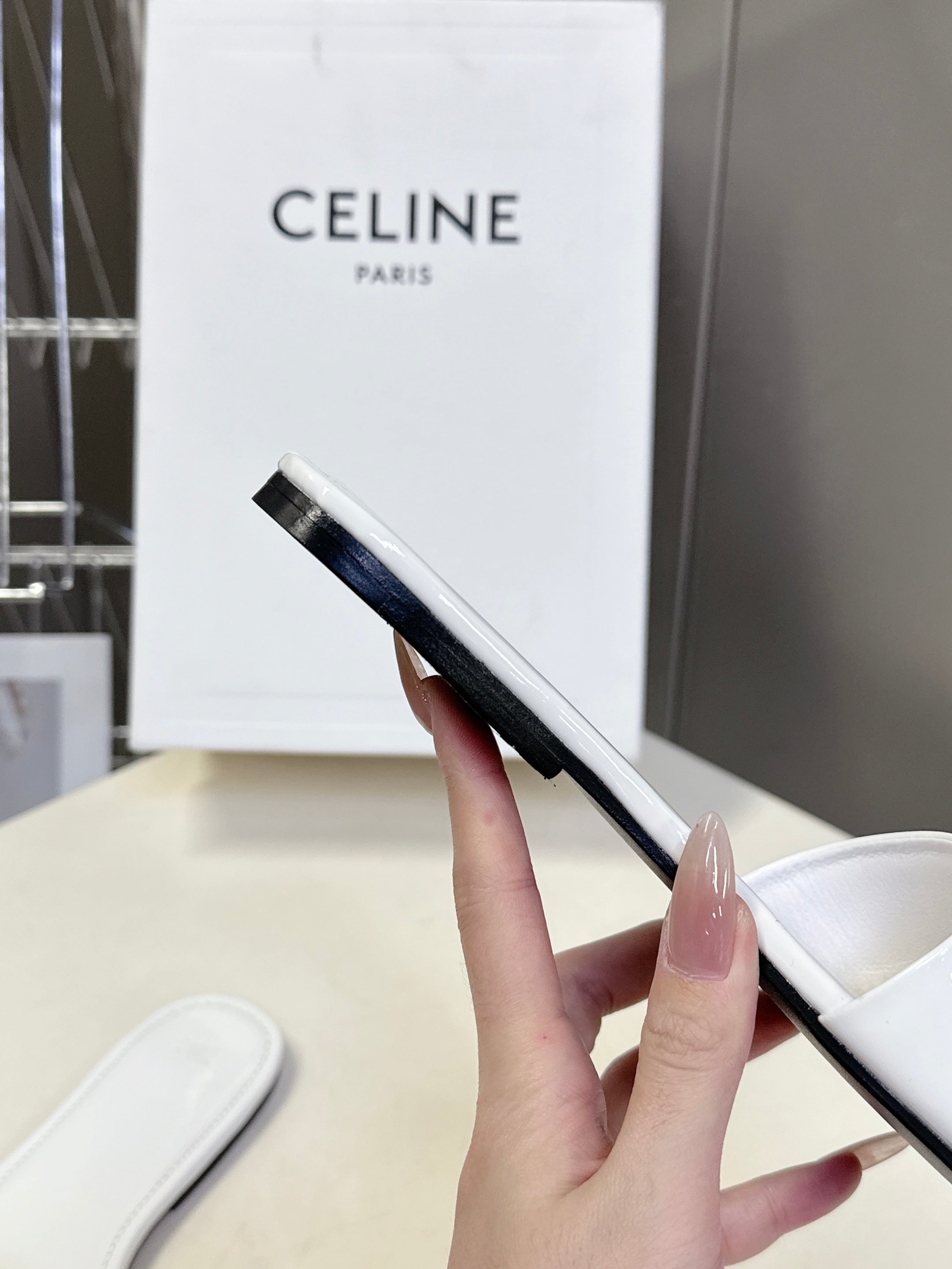 CELINE 26S FLAT SLIDES IN WHITE PATENT LAMBSKIN