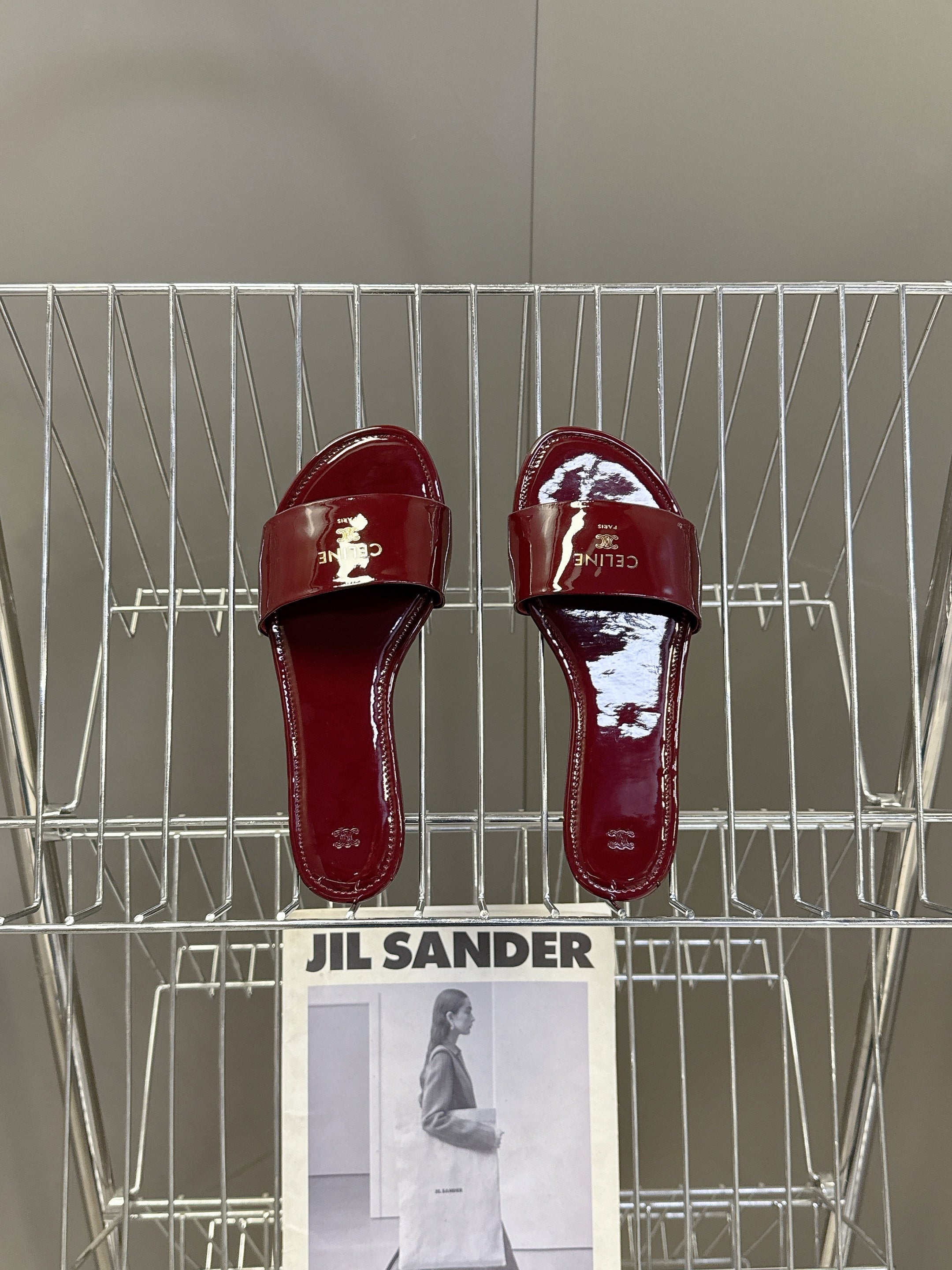 CELINE 26S FLAT SLIDES IN BURGUNDY RED PATENT LAMBSKIN