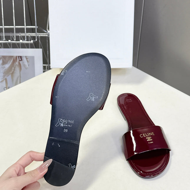 CELINE 26S FLAT SLIDES IN BURGUNDY RED PATENT LAMBSKIN