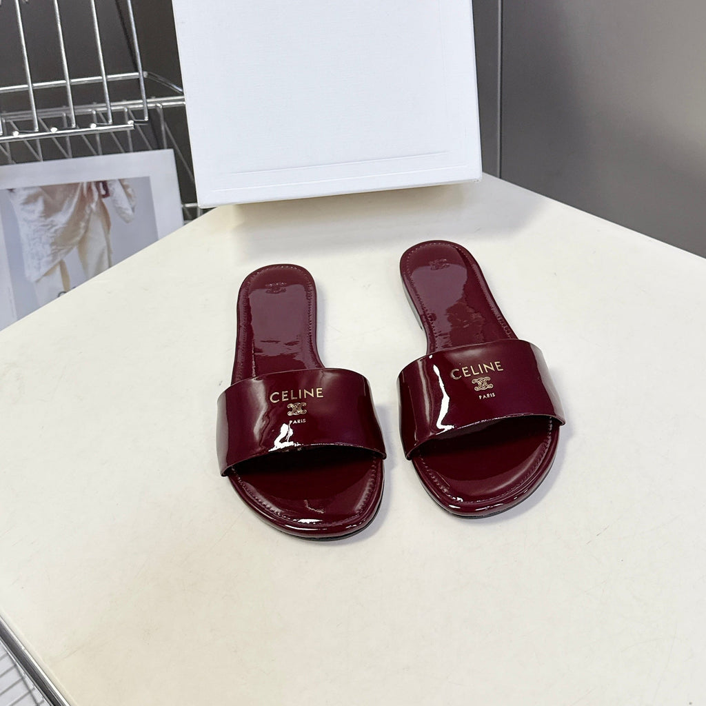 CELINE 26S FLAT SLIDES IN BURGUNDY RED PATENT LAMBSKIN