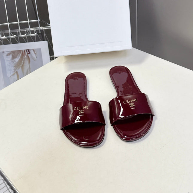 CELINE 26S FLAT SLIDES IN BURGUNDY RED PATENT LAMBSKIN
