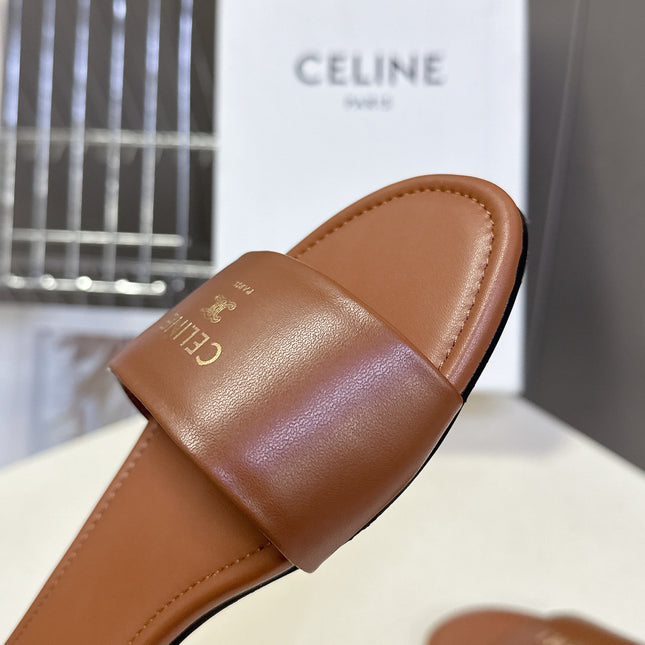 CELINE 26S FLAT SLIDES IN CARAMEL BROWN LAMBSKIN