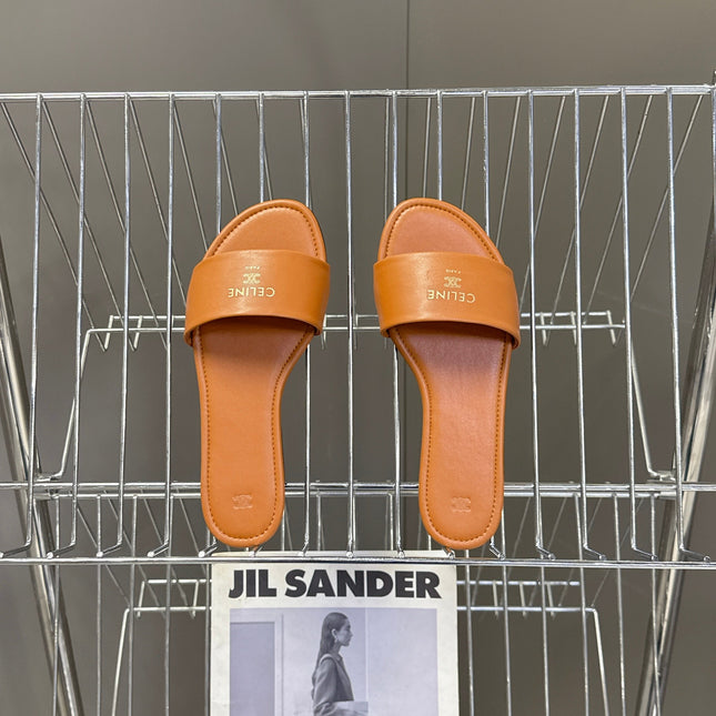 CELINE 26S FLAT SLIDES IN TAN BROWN LAMBSKIN
