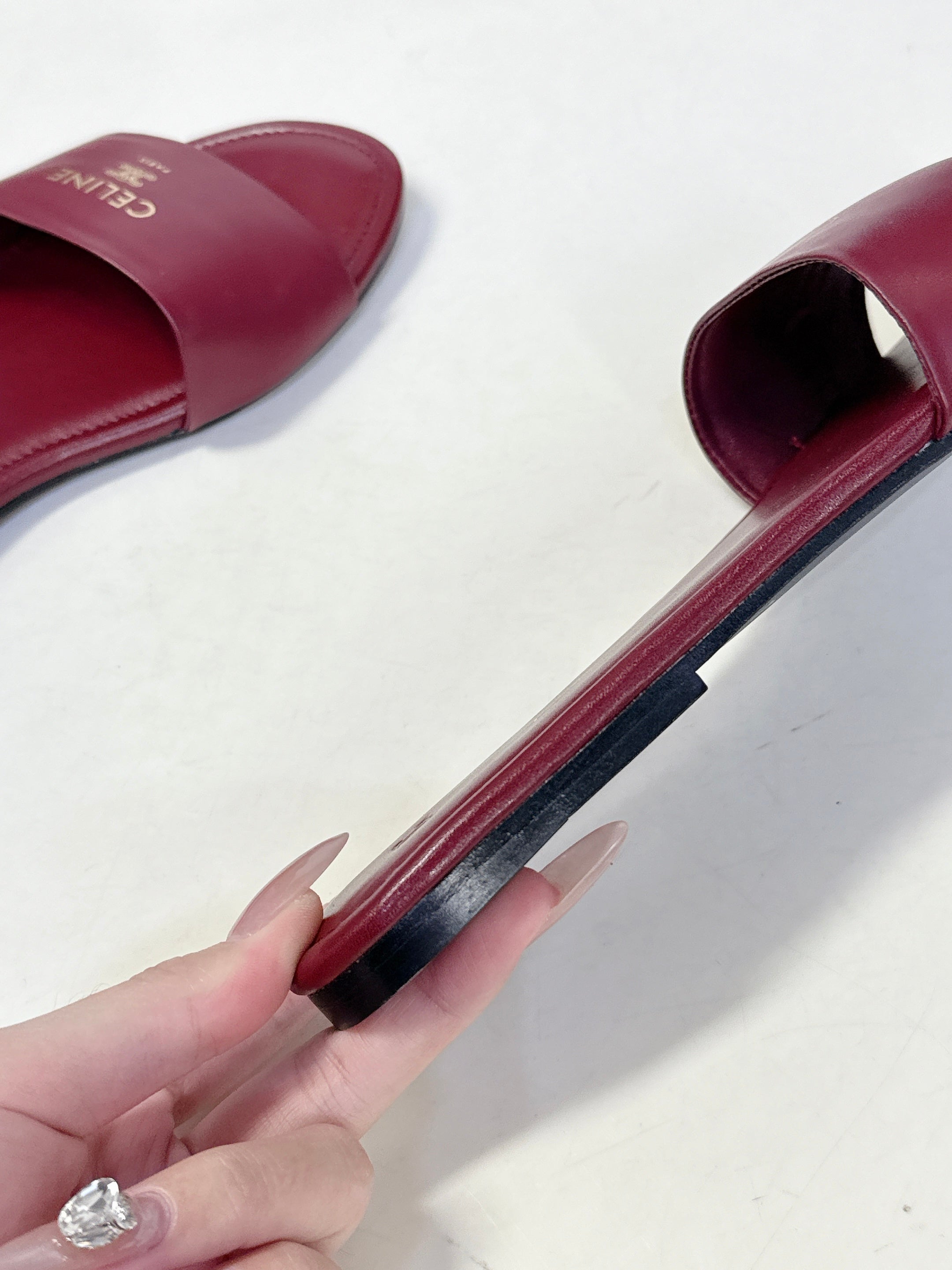 CELINE 26S FLAT SLIDES IN BURGUNDY RED LAMBSKIN