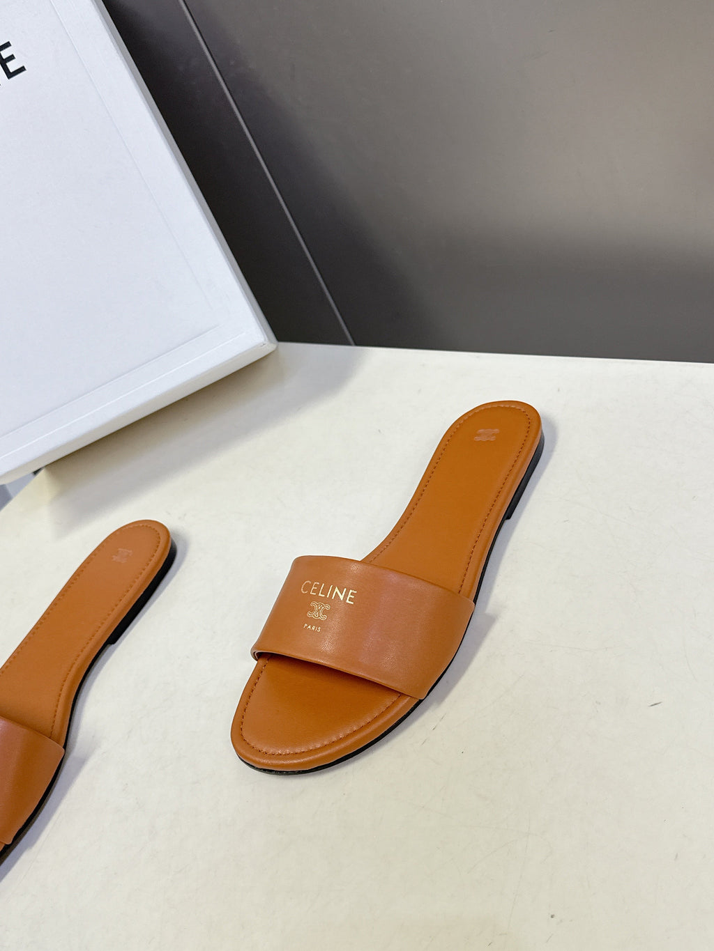 CELINE 26S FLAT SLIDES IN TAN BROWN LAMBSKIN