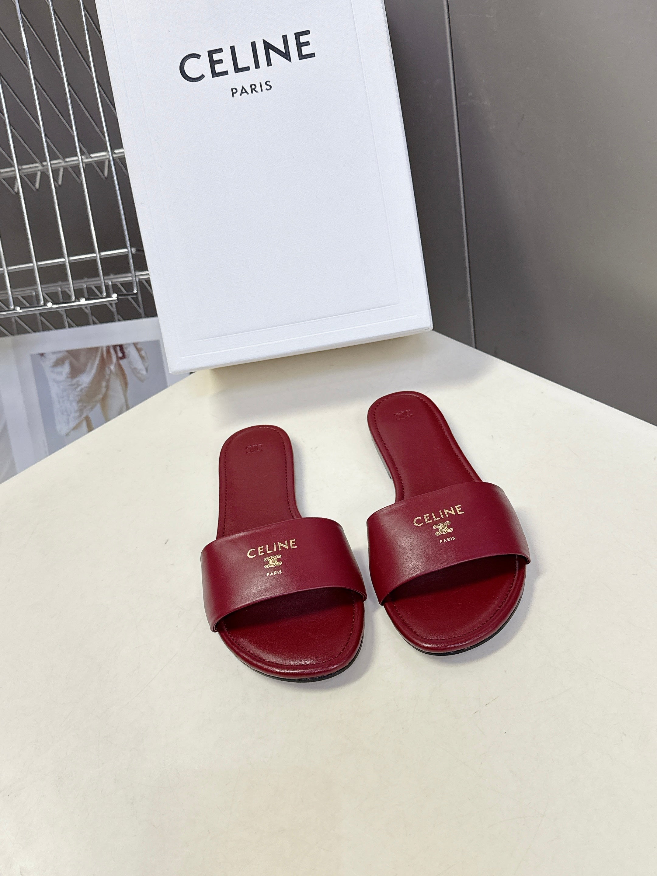 CELINE 26S FLAT SLIDES IN BURGUNDY RED LAMBSKIN