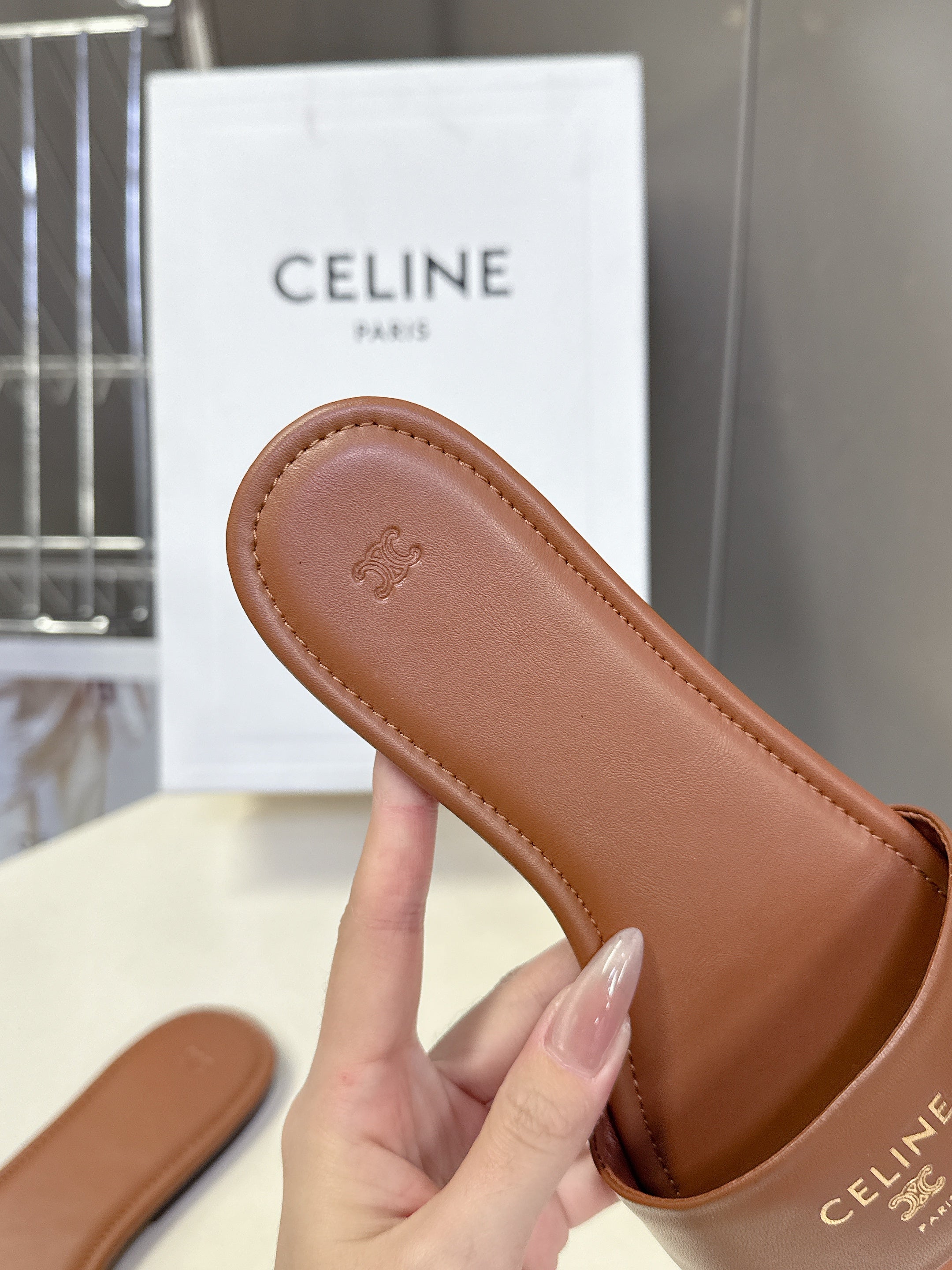 CELINE 26S FLAT SLIDES IN CARAMEL BROWN LAMBSKIN