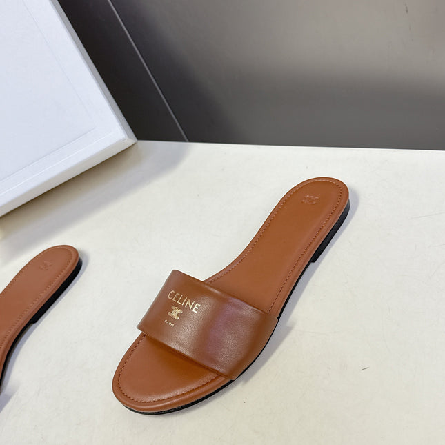 CELINE 26S FLAT SLIDES IN CARAMEL BROWN LAMBSKIN