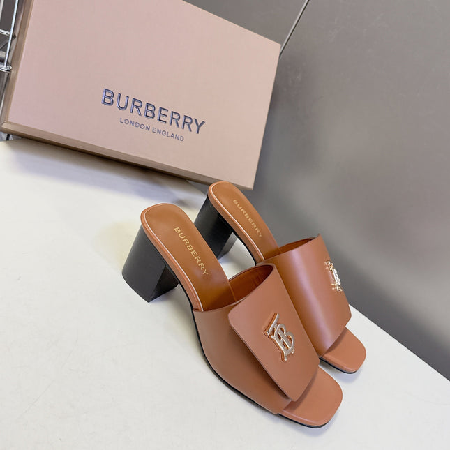 BURBERRY 26S HIGH HEEL MULE SANDALS 60MM IN CARAMEL BROWN CALFSKIN