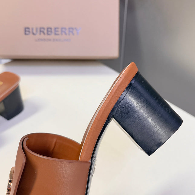 BURBERRY 26S HIGH HEEL MULE SANDALS 60MM IN CARAMEL BROWN CALFSKIN