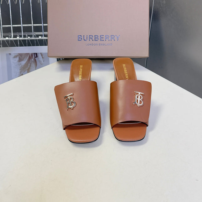 BURBERRY 26S HIGH HEEL MULE SANDALS 60MM IN CARAMEL BROWN CALFSKIN