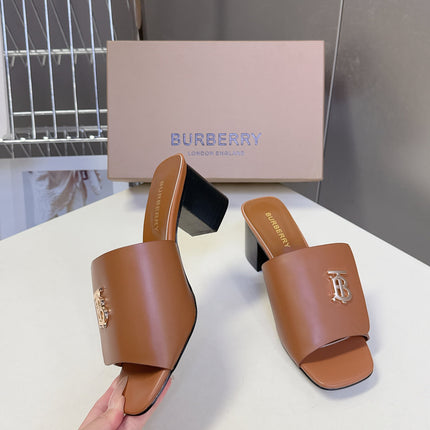 BURBERRY 26S HIGH HEEL MULE SANDALS 60MM IN CARAMEL BROWN CALFSKIN