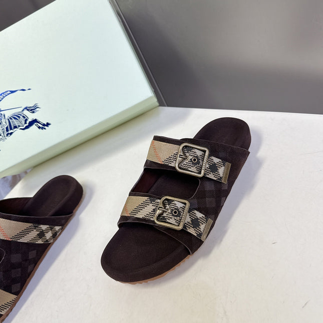 BURBERRY 26S DOUBLE BUCKLE SANDALS IN DARK BROWN SUEDE