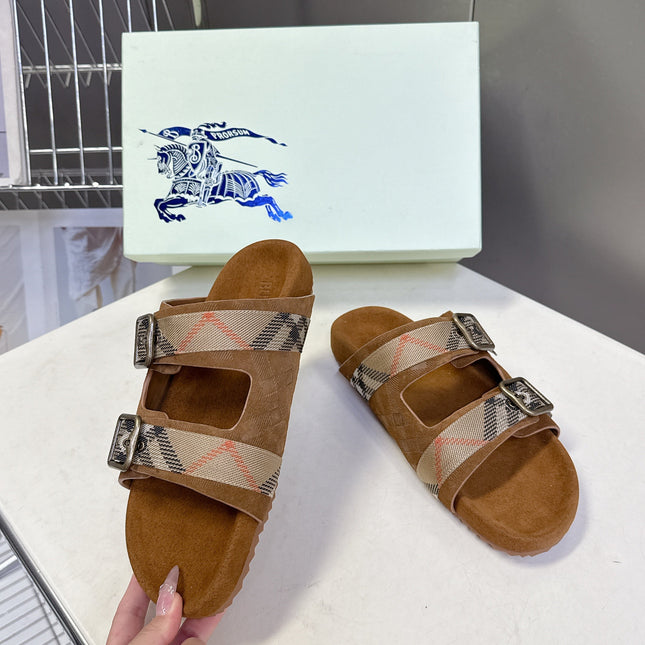 BURBERRY 26S DOUBLE BUCKLE SANDALS IN CARAMEL BROWN SUEDE
