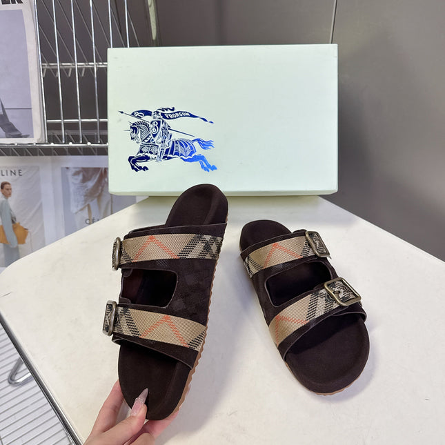 BURBERRY 26S DOUBLE BUCKLE SANDALS IN DARK BROWN SUEDE