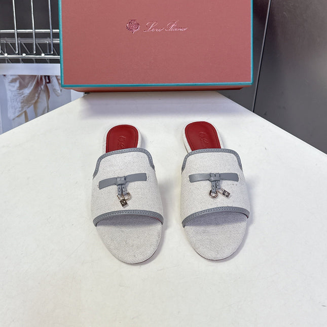 LP 26S SLIDES IN BEIGE CANVAS AND GREY CALFSKIN