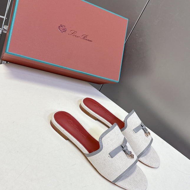 LP 26S SLIDES IN BEIGE CANVAS AND GREY CALFSKIN