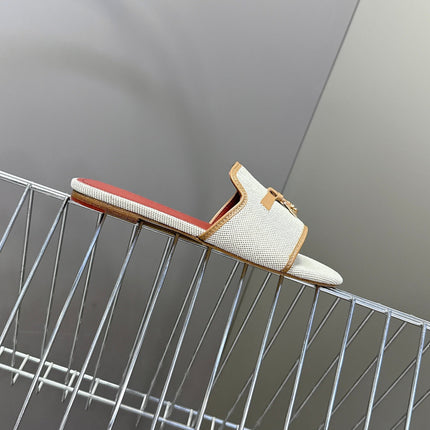 LP 26S SLIDES IN BEIGE CANVAS AND BROWN CALFSKIN