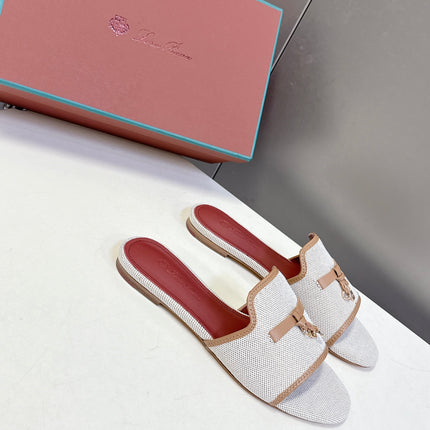 LP 26S SLIDES IN BEIGE CANVAS AND BROWN CALFSKIN