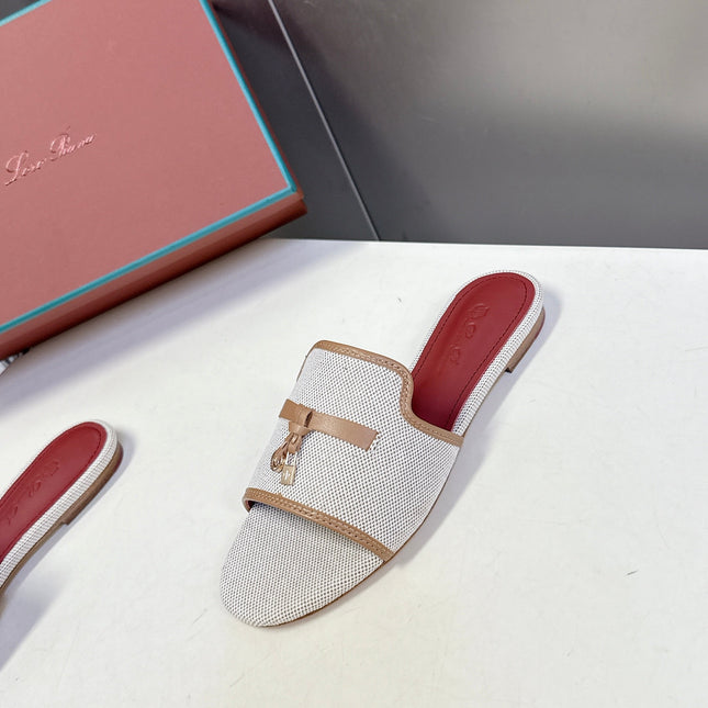 LP 26S SLIDES IN BEIGE CANVAS AND BROWN CALFSKIN